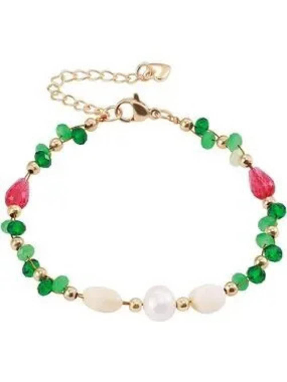 Anthropologie Gold Pearl Bracelet with Green and Pink Crystal Accents